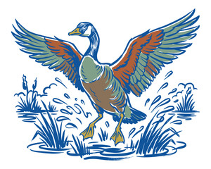 Naklejka premium Wild nature adventure. Goose vintage print design for t shirt. Explore more. Lake life graphic.
