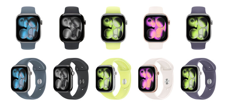 Set of Apple Watch Series 11 with Sport Band, isolated on transparent background, vector illustration. The Apple Watch is a line of smartwatches developed by Apple