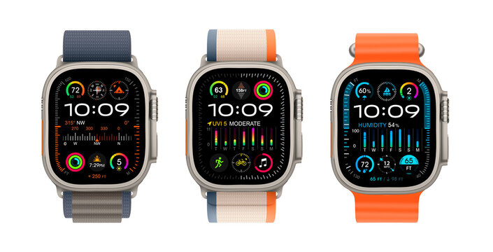 Set of Apple Watch Series Ultra 2 with different bands on transparent background, vector illustration. The Apple Watch is a line of smartwatches developed by Apple