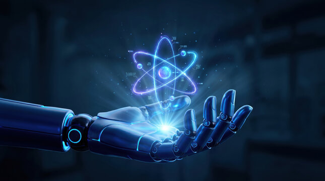 3D render of a blue robotic palm holding a glowing neon blue atomic model with orbiting electrons and bright light rays on a dark background