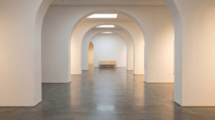 Fototapeta premium Wide-angle interior view of an empty art gallery hall with a series of white symmetrical arches receding into the distance above a polished grey concrete floor with soft skylights