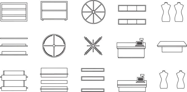 Retail store furniture top view icons set including display shelves checkout counters and clothing mannequins vector illustration