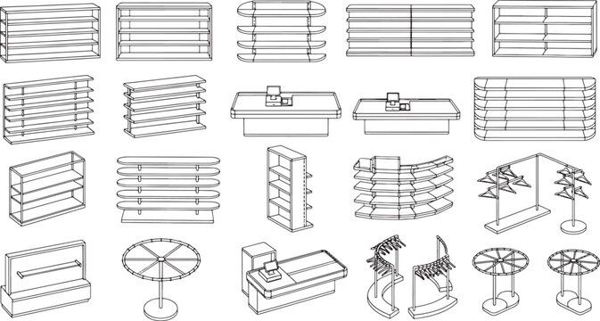 Retail store furniture and supermarket shelving unit icons set in a clean black and white vector style