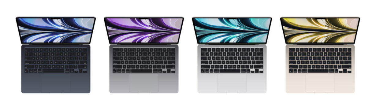 Set of Apple MacBooks Air on transparent background, realistic vector illustration. The MacBook Air is a line of laptop computers developed and manufactured by Apple
