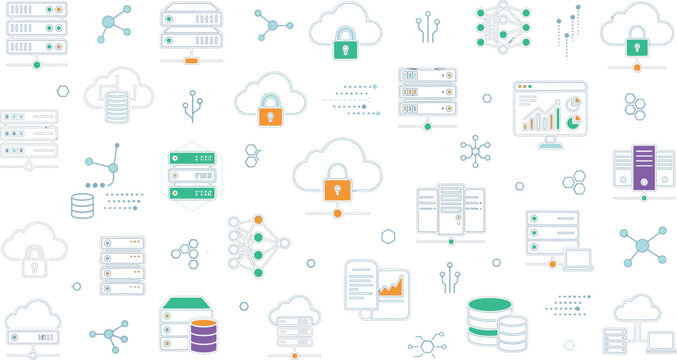 Cloud computing and database technology icon set featuring cybersecurity, server storage, analytics, hosting, networking and digital infrastructure vector collection