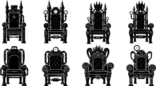 Ornate royal thrones collection, intricately adorned with celestial sun, moon, and star motifs, mystical flat vector, isolated on white background
