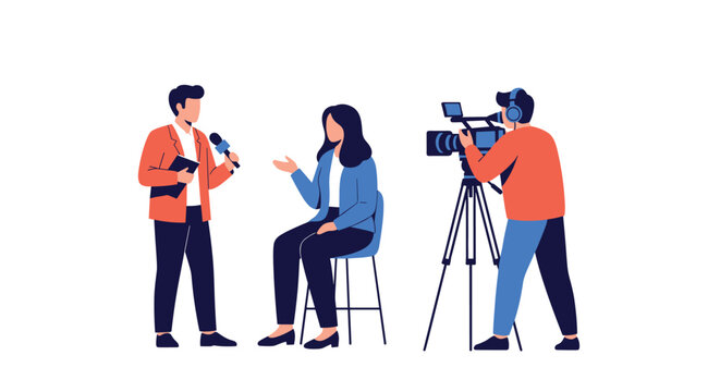 Professional news crew conducting an outdoor interview with a woman sitting on a chair while a cameraman records the live broadcast session.