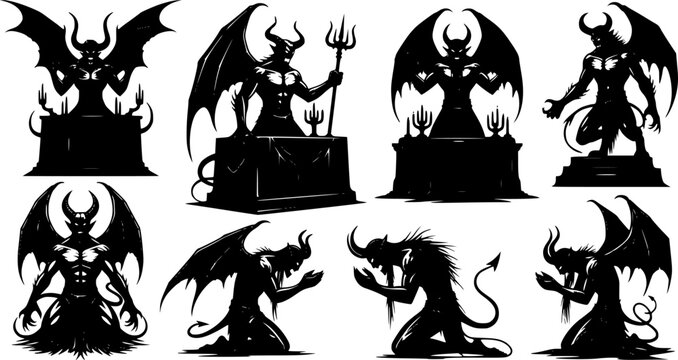 Collection of dark fantasy demon and devil silhouettes performing rituals and kneeling in worship, menacing monster, isolated on white background
