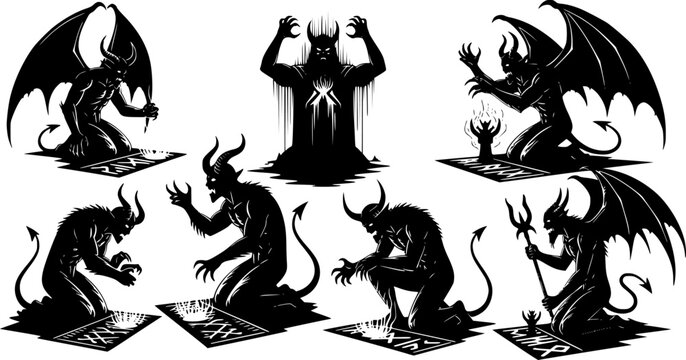 Collection of dark fantasy demon and devil silhouettes performing rituals and kneeling in worship, menacing monster, isolated on white background
