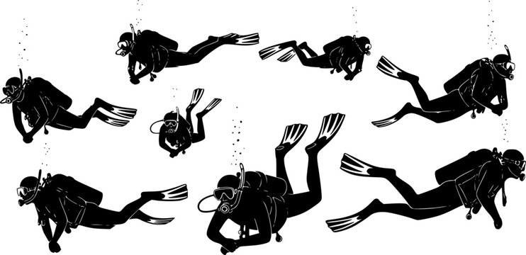 Dynamic black silhouette scuba divers equipped with masks, snorkels, fins, and tanks, swimming and floating in various, isolated on white background
