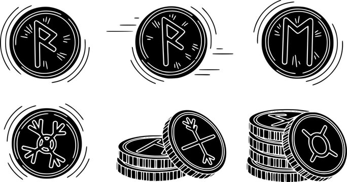 Flat vector illustration of ancient black and white rune coins, some spinning, others stacked, featuring intricate, isolated on white background
