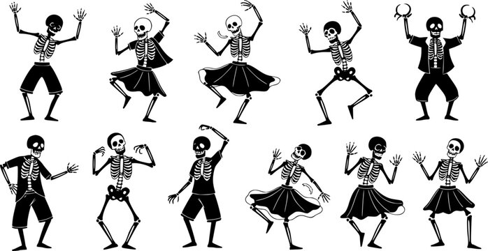 Flat vector illustration of spooky black skeleton characters in various energetic dancing poses, some wearing skirts,, isolated on white background
