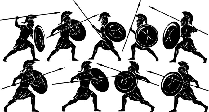 Eight black silhouette ancient Greek or Roman warriors with spears and round shields in dynamic combat poses, a, isolated on white background
