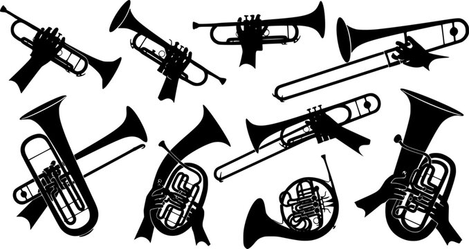 Flat vector illustration of black trumpet and brass instrument silhouettes, some held by hands, depicting music,, isolated on white background
