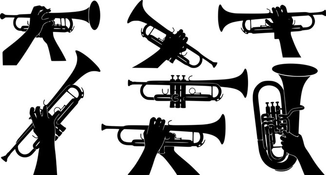 Flat vector illustration of black trumpet and brass instrument silhouettes, some held by hands, depicting music,, isolated on white background
