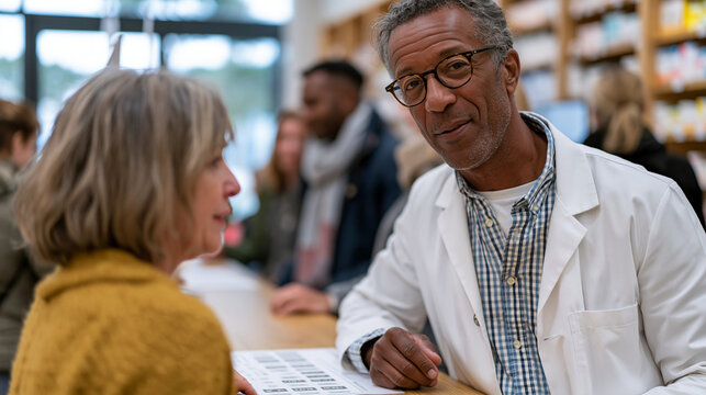 Mature male pharmacist stands at prescription counter explaining smoking cessation nicotine patch application to middle aged woman customer, printed cessation timeline visible on counter, other cust