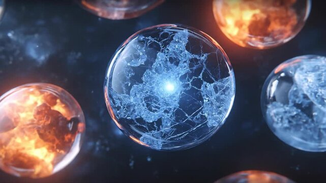 Floating transparent spheres with fire and ice planetary cores in space. Abstract cosmic visual of glowing energy orbs for future science technology background.