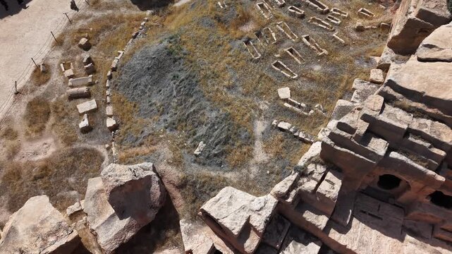 Aerial Top View of Ancient Tombs, Settlements and Cave Structures in Dara City