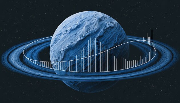 A blue, ringed planet in deep space, overlaid with a white waveform and bar graph representing data, sound, or scientific analysis of celestial bodies