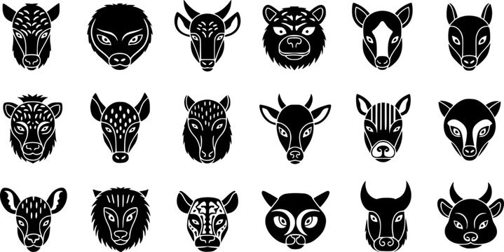 Fierce aggressive wild animals roaring and snarling, displaying sharp teeth in various dynamic poses, a flat vector, isolated on white background
