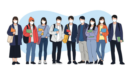 Obraz premium Group of diverse university students wearing protective face masks and carrying books while standing against a blue background.