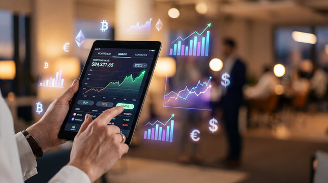 Hands using fintech tablet app with floating financial data charts and digital currency interface