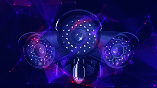 Security camera, overlayed with digital plexus network. Survelliance concept.