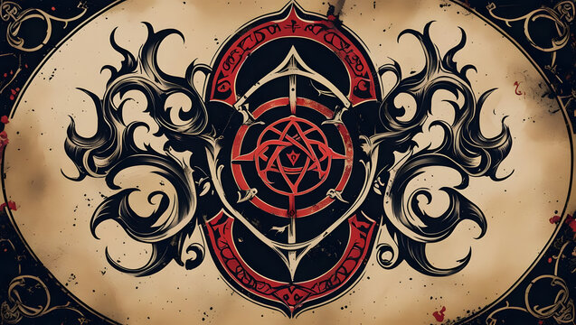 Gothic occult sigil on aged parchment, mystical dark fantasy emblem, vintage esoteric alchemy symbol for tarot and magic