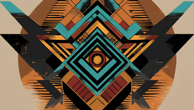 Geometric tribal art with symmetrical shapes. Abstract ethnic pattern in turquoise and terracotta. Modern native style graphic for textile design.