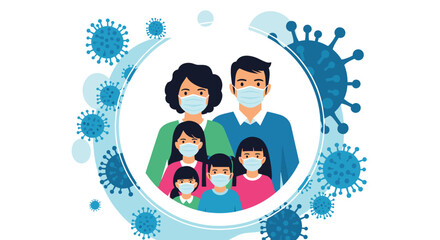 Fototapeta premium Illustration of a family wearing protective masks surrounded by stylized virus particles to promote health and safety.