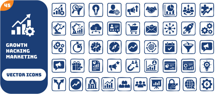 Growth hacking and marketing solid icon set. Featuring customer acquisition, sales funnel, user retention, target audience, and data analytics. Vector icons for presentations and pitch decks.