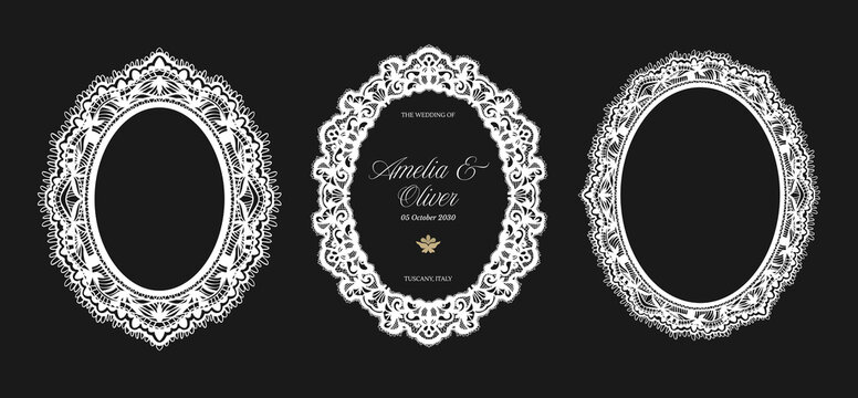 Elegant lace oval frames with vintage ornate borders and floral embroidery patterns, perfect for wedding invitations and decorative baroque designs