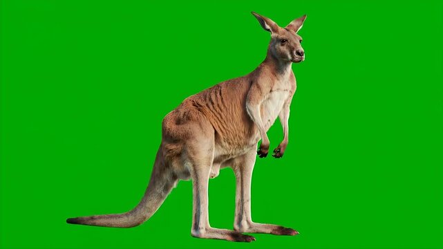 A kangaroo stands on green screen with alert expression looking right