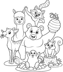 Obraz premium Group of happy cartoon forest animals playing together