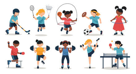 Fototapeta premium Set of active children participating in diverse sports and physical activities like soccer, hockey, gymnastics, and boxing.