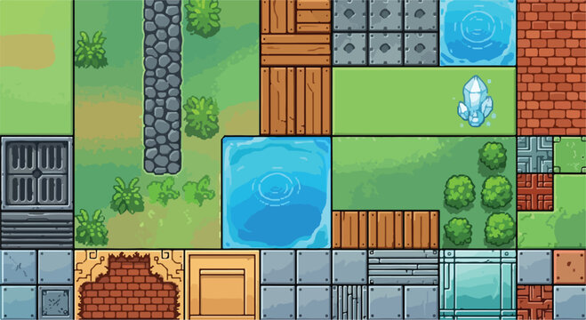 Pixel art game tileset, retro video game environment assets, 2D top-down map elements with grass, water, stone, and wood textures for RPG development