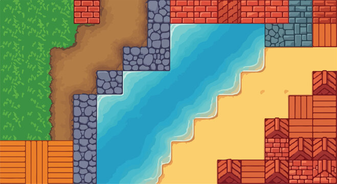 Pixel art game tileset for landscape design, retro 8-bit video game environment map, top-down nature world building assets with water and grass