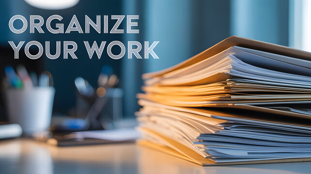 A stack of organized paperwork on a desk in a modern office space