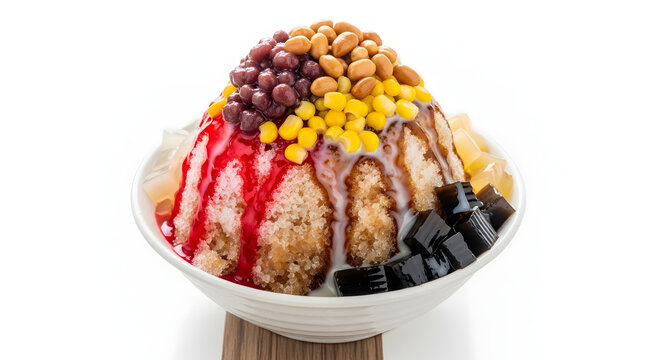 Tasty and refreshing for summer shaved ice dessert features nuts, grass jelly, red beans, etc with syrup on top from Malaysia, known as ais kacang against a white background