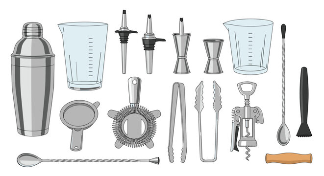 Professional bartender tool set including shaker, jigger, strainer, bar spoon, corkscrew, and pourers on a white background.