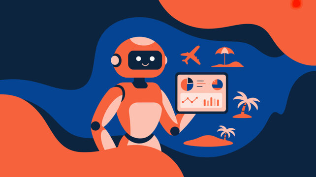 Robot, futuristic illustration, travel icons, data analysis, orange blue
