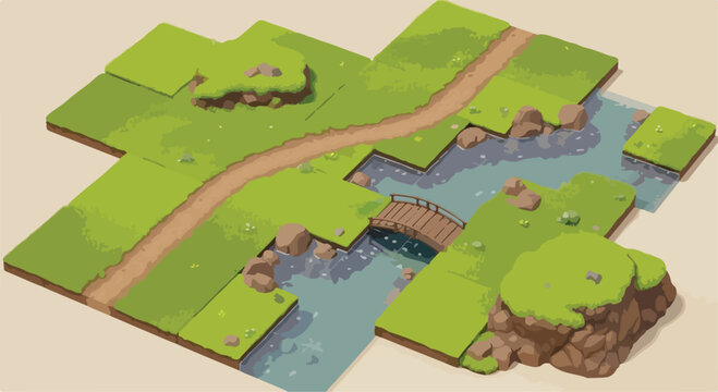 Isometric game map tiles, stylized landscape with green grass and dirt path, wooden bridge over river water, modular environment vector for gaming