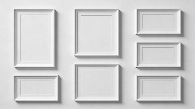 features a minimalist and modern style layout with a collection of nine empty picture frames arranged in a grid pattern on a plain white wall. The frames are rectangular and vary in size, with some or