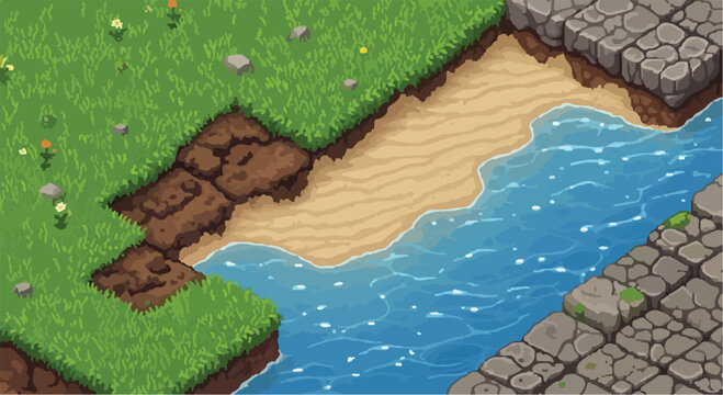 Isometric pixel art game background with green grass and blue water, retro 2D video game landscape with stone path and sandy beach, digital nature map