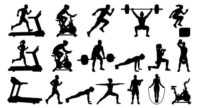 Fitness Silhouette Icons Set: Cardio, Weightlifting, and Bodyweight Exercises, Vector Graphics for Health and Wellness Concepts