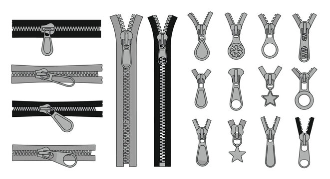 Collection of various metal and plastic zippers in different states of open and closed with different puller designs.