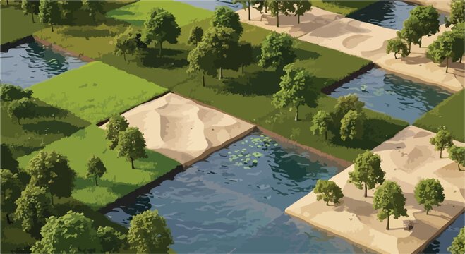 Isometric landscape tiles vector set, modular nature environment blocks with trees and water, 3D game map terrain assets for world building