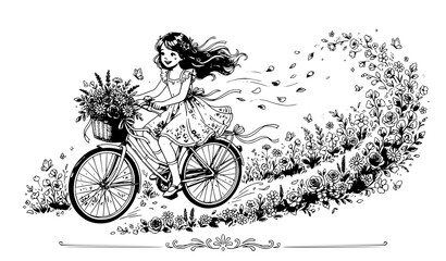 Fototapeta premium Young girl riding a bicycle in a field of flowers line art illustration