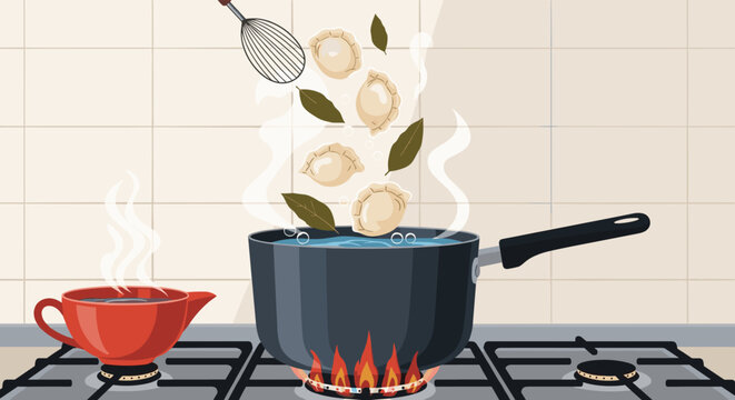 Boiling dumplings and bay leaves in a pot on a gas stove with steam rising and a whisk and sauce boat nearby.