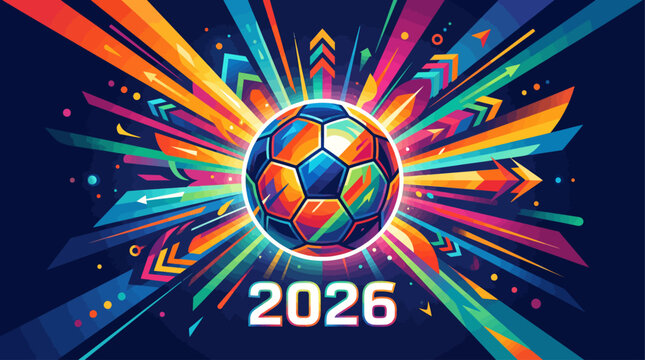 Vibrant abstract soccer ball design with colorful rays and the year 2026 on a dark blue background